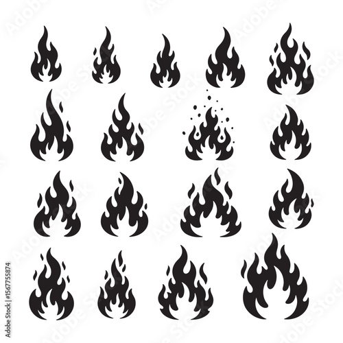 Collection of black flame icons with varied shapes and sizes fire symbol