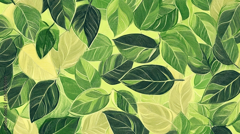 The stock photo shows a seamless, vibrant green pattern of hand-drawn leaves. The stock photo shows a seamless, vibrant green pattern of hand-drawn leaves.