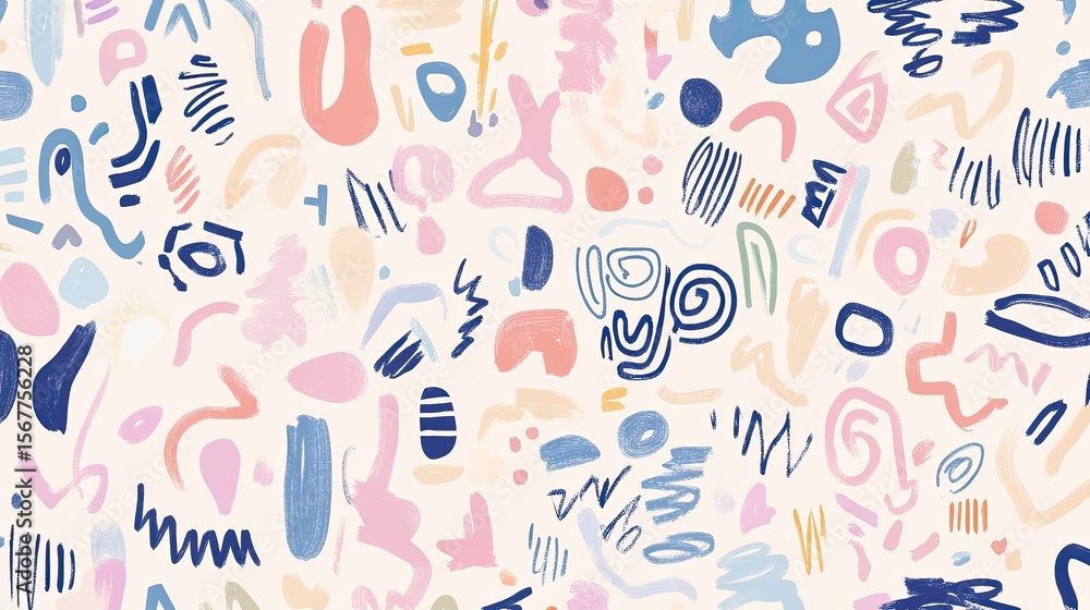 The stock photo shows a seamless pattern of hand-drawn shapes and symbols. The stock photo shows a seamless pattern of hand-drawn shapes and symbols.