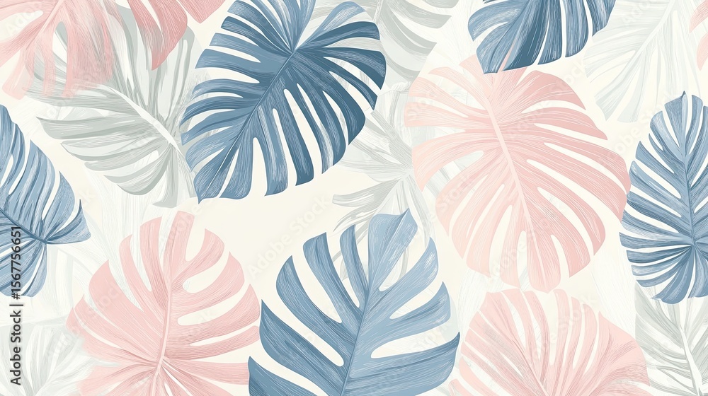 The stock photo shows a seamless pattern of soft, hand-drawn tropical leaves. The stock photo shows a seamless pattern of soft, hand-drawn tropical leaves.