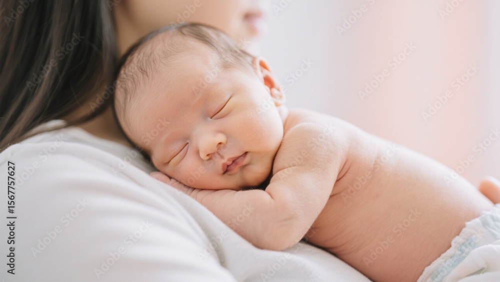 A tender moment: A newborn baby peacefully sleeps on their mother's shoulder, showcasing the intimate bond and serene connection between mother and child in soft, natural light . A tender moment: A newborn baby peacefully sleeps on their mother's shoulder, showcasing the intimate bond and serene connection between mother and child in soft, natural light .