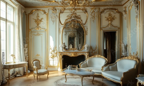 rococo interior, ornate gold details, pastel tones, curved furniture, decorative elegance, 18th century French palace