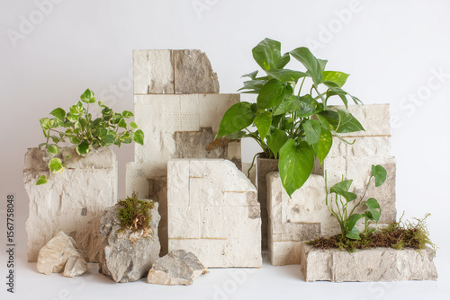 Fototapeta Naklejka Na Ścianę i Meble -  Beige Minimalist Product Display with Stones and Plants

