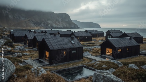 Modern Black Cabin Village with Hot Springs in Dramatic Coastal Landscape
