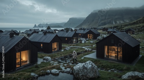 Person walking through modern black cabin village with dramatic mountain backdrop