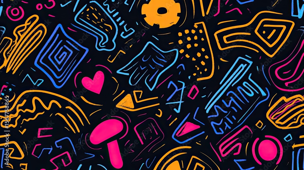 Naklejka premium The stock photo shows a seamless texture composed of intricate, hand-drawn geometric shapes in varying colors.