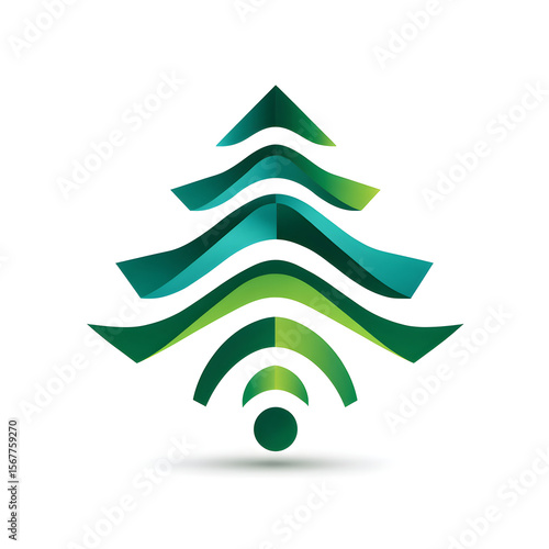 Minimalist green wifi inspired christmas tree logo, symbolizing sustainable tech connectivity and eco friendly digital innovation