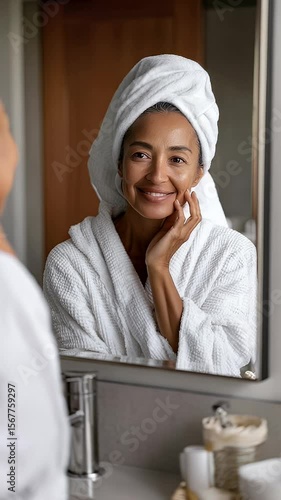Woman looking at herself in bathroom mirror