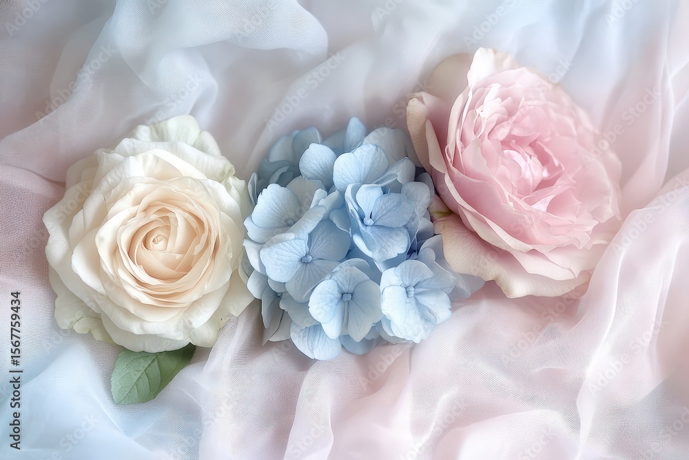 Delicate pastel flowers arranged on sheer fabric. Delicate pastel flowers arranged on sheer fabric.
