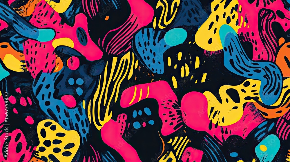 Fototapeta premium The stock photo showcases a vibrant, seamless texture composed of abstract, hand-drawn shapes.