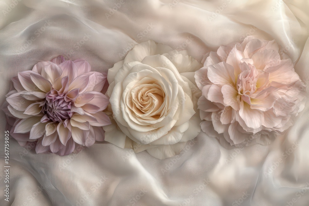 Delicate pastel flowers arranged on soft fabric. Delicate pastel flowers arranged on soft fabric.