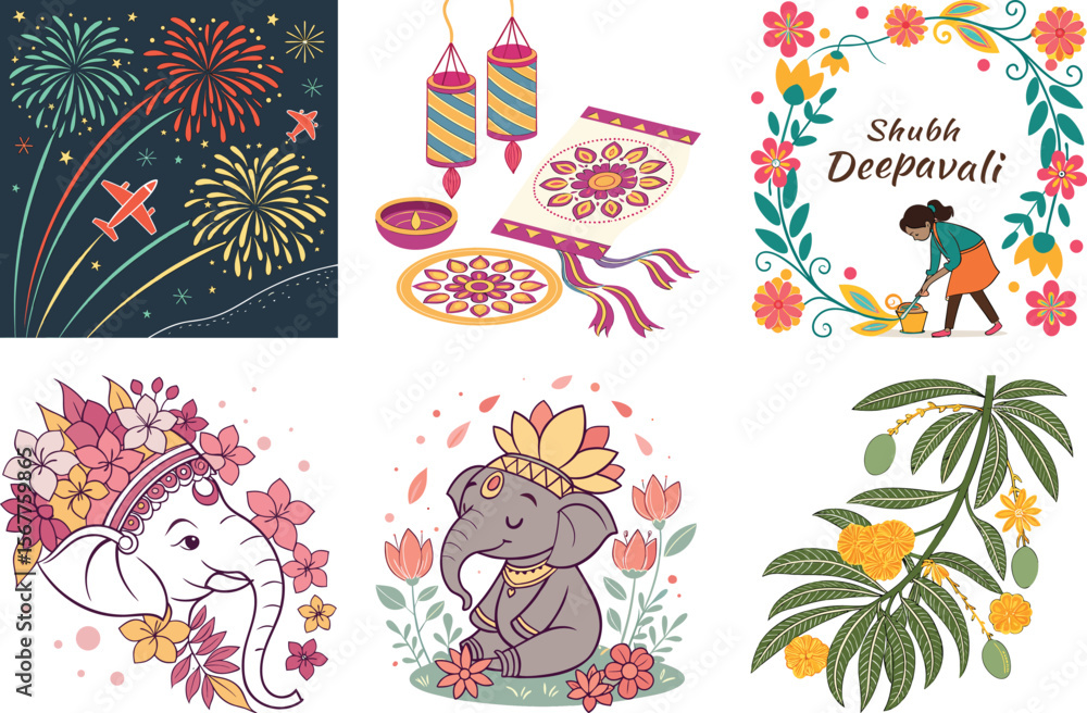 Obraz premium A delightful set of funny animal cartoon illustrations with seamless vector Christmas and floral pattern design decoration for holiday cards