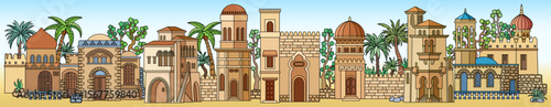 Colorful vector illustration of an oriental city with domes, towers, and minarets. Perfect for Arabian, Islamic, and fairytale themed designs