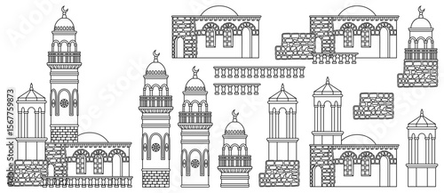 PrinSet of stylized ancient Middle Eastern buildings in line art style. Perfect for games, travel guides, architecture projects, or historical infographics. Hand drawn vector illustration