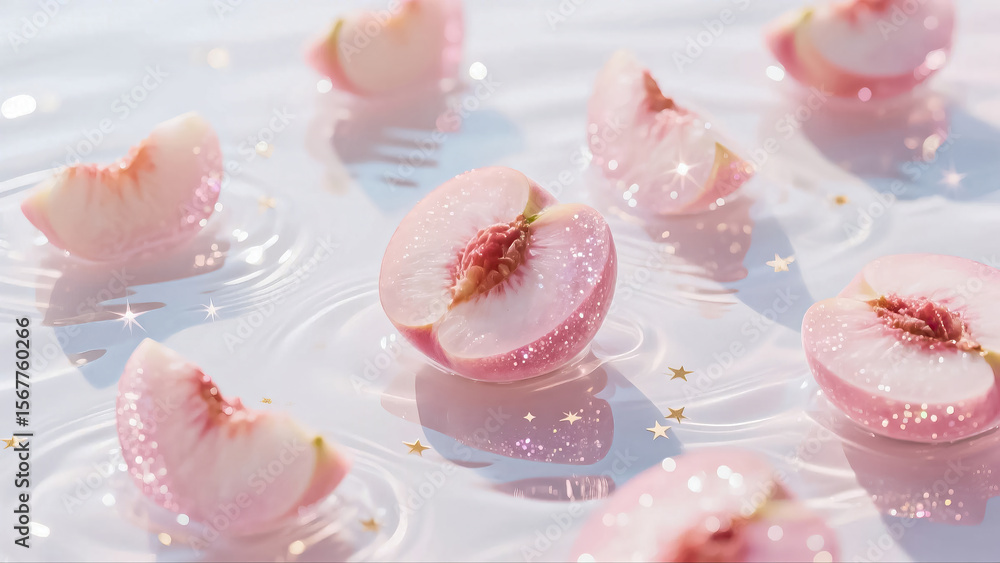 Dreamy Peach Scene: Sparkling Fruits & Water Wave Stars for Food Cultural Creatives & Dessert Marketing Materials Dreamy Peach Scene: Sparkling Fruits & Water Wave Stars for Food Cultural Creatives & Dessert Marketing Materials