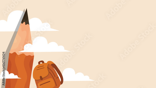 Stylized pencil mountain and backpack scene with minimal clouds in soft orange color palette