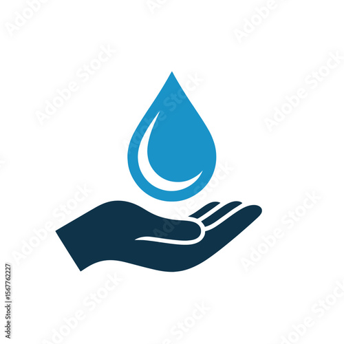 A dark blue hand gently cradles a vibrant blue water droplet symbolizing purity care and preservation against a stark white background a simple yet powerful icon design