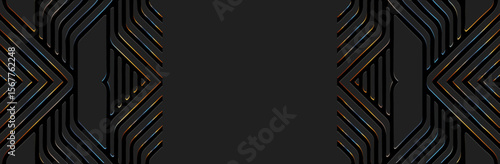 Banner, cover design, wallpaper. Geometric ethnic shiny pattern on black lorem background, embossing. Art deco, 3D ornaments, arabesques, mandala, fresco, painting of the East, Asia, India, Mexico.