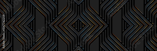 Banner, cover design, wallpaper. Geometric ethnic shiny pattern on black background, embossing. Art deco, 3D tribal ornaments, arabesques, mandala, fresco, painting of the East, Asia, India, Mexico.