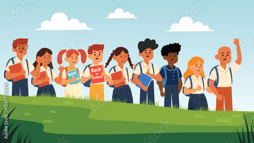 Group of students standing in line outdoors with cheerful expressions and green scenery