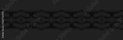 Banner, cover design, wallpaper. Tribal fresco. Geometric ethnic linear pattern on black background, embossing, 3D. Ornaments, arabesques, mandala, painting of the East, Asia, India, Mexico, Aztecs.