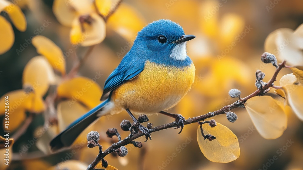 Vibrant blue and yellow bird perched on a branch Vibrant blue and yellow bird perched on a branch