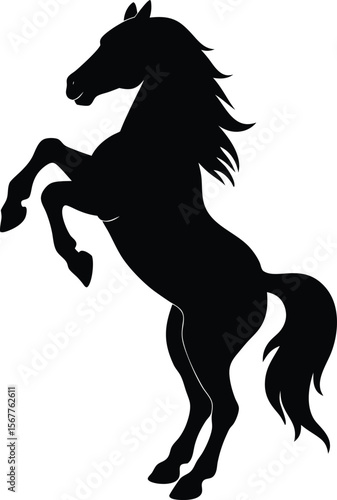 Powerful black silhouette of a horse rearing majestically on hind legs