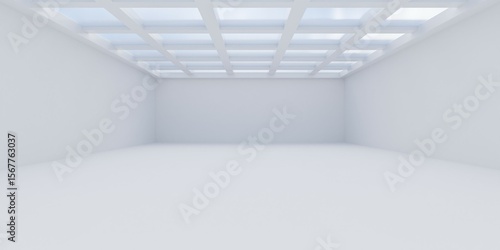 Wallpaper Mural Abstract empty, modern white gallery room with glass ceiling grid and sky background - minimal interior background template Torontodigital.ca