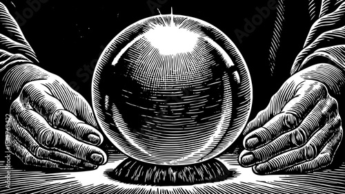 hand gently holding a crystal orb, perfect for mystic branding, tarot illustrations, or fantasy editorial layouts a black and white line art illustration