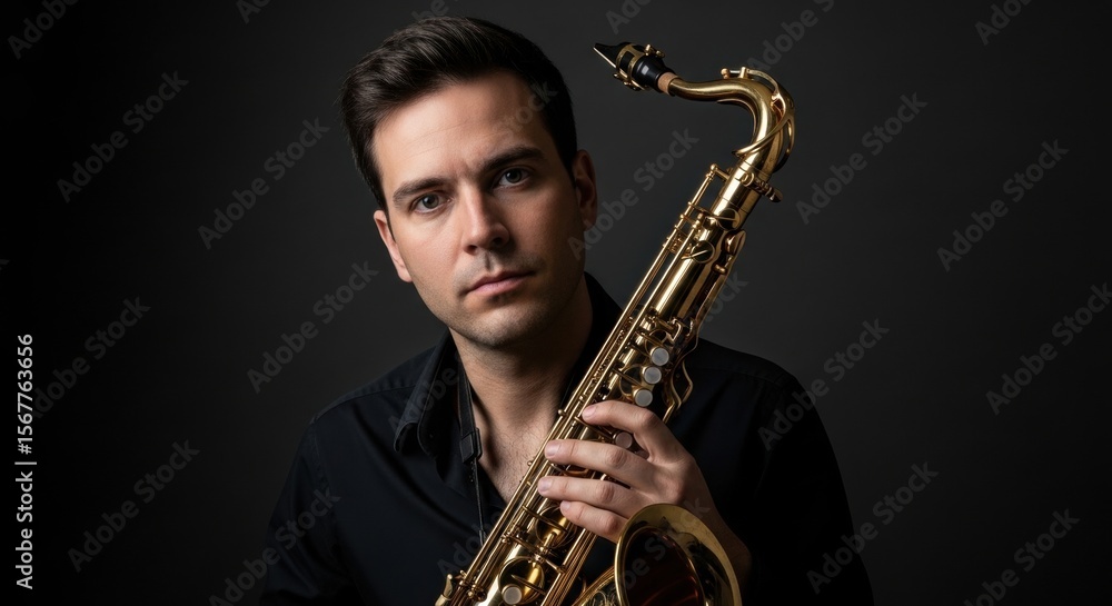 Fototapeta premium Caucasian young male musician with saxophone in studio portrait