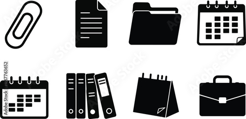 Office supplies and documents icons paperclip folder