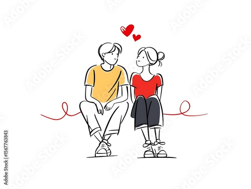 romantic couple drawing hearts one line art minimal couple sitting together with heart shapes