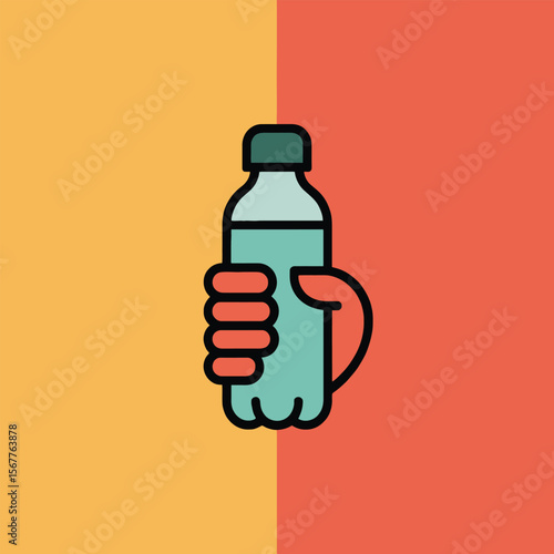 A hand holding a teal plastic water bottle against a split background of mustard yellow and coral red the bottle has a dark green cap and the hand is a simplified red outline style