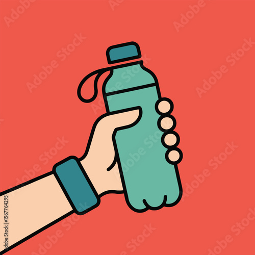 A hand holding a teal reusable water bottle with a dark teal cap and carrying loop against a coral red background simple line art style illustration
