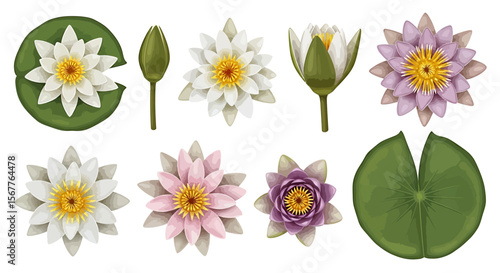 Set lotus flowers buds and leaves illustration