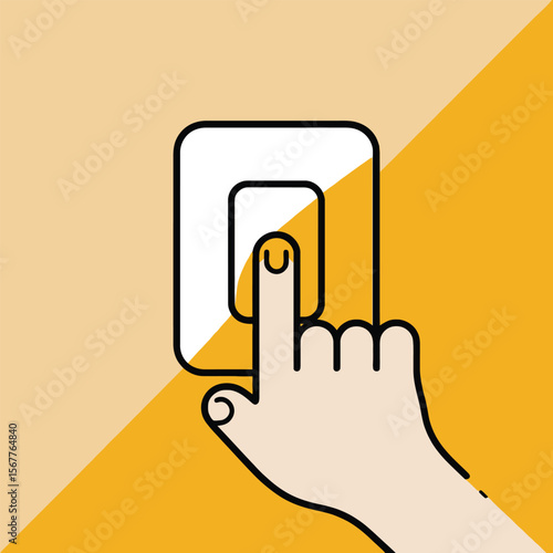 A hand pressing a button a minimalist graphic design featuring a light beige and golden yellow background a simple white square button and a light beige hand with black outlines