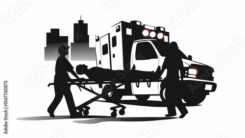 Ambulance with paramedics transporting a patient on a stretcher in a city silhouette scene depicted