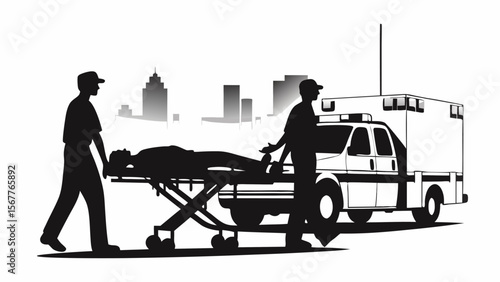 Silhouette of paramedics transporting patient on stretcher with ambulance and city skyline in background