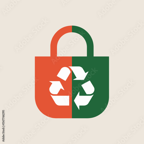 A stylized graphic depicting a vertically divided reusable shopping bag half burnt orange half dark green featuring a central white recycling symbol arrows pointing clockwise