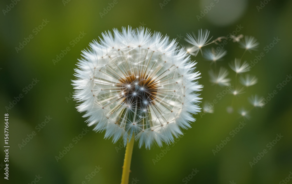 Fototapeta premium Dandelion flower with delicate seeds blowing in wind, symbolizing freedom and nature beauty