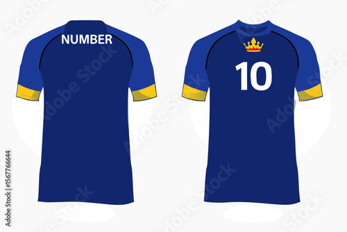 Blue and Gold Soccer Jersey with Number Ten and Crown Graphic Design