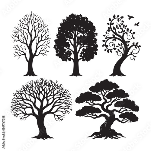 Collection of Five Black Silhouette Tree Designs Bare Winter Trees Leafy Spring Tree Ornate Tree Bonsai Tree Nature Illustration Set