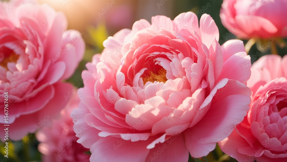 Obraz premium Close-up pink flowers: peony, rose, and dahlia blossoms in a beautiful garden