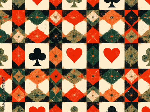 geometric pattern with card suits icons on checkered ornament in rhombus grid Hearts, clubs, spades, diamonds symbols
