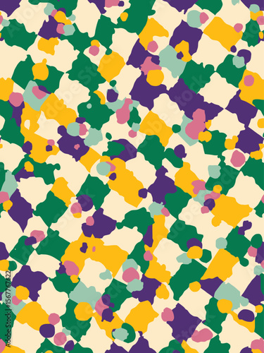 Mardi Gras seamless pattern with holiday symbols, strings of beads Geometric pattern with vertical stripes