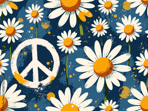  peace sign, chamomile flowers, brush strokes, smudge paint, paint splatter on blue jeans texture