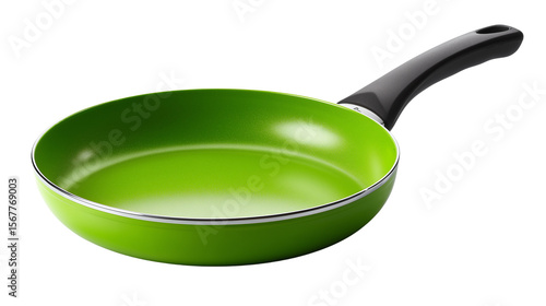 Green Non-Stick Frying Pan with Black Handle on Transparent Background

