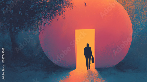 Human silhouette entering a glowing fruit-shaped doorway