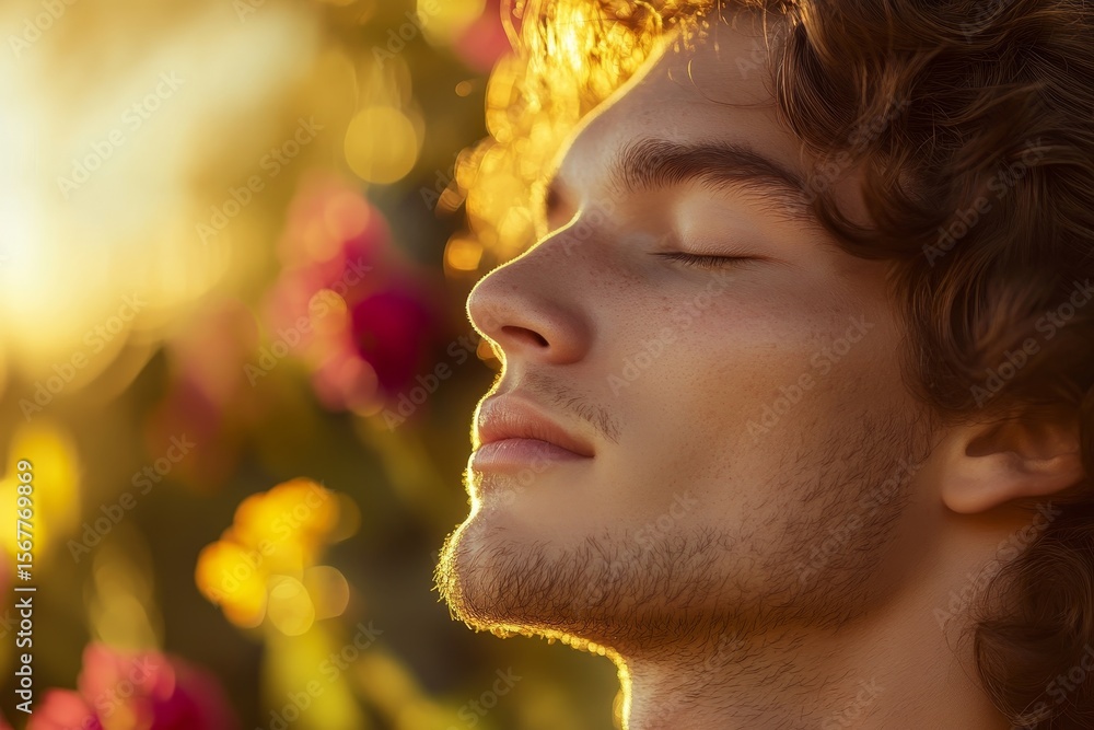Fototapeta premium Close-up portrait of a young man with closed eyes, bathed in golden sunlight.