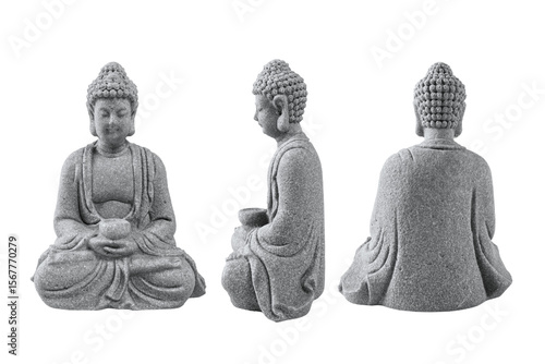 A grey, textured Buddha statue in a meditative pose, captured from the front, side, and back against a white background, emphasizing its intricate details and serene posture.